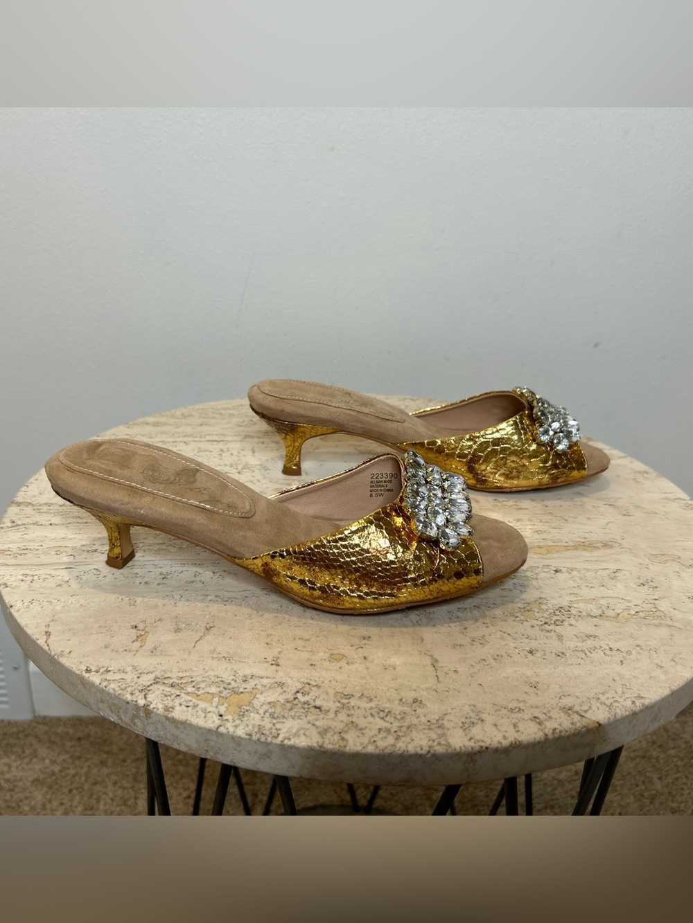 Joan Boyce Bronze Jeweled Slide Mules Size 8.5W Low Heel with Box